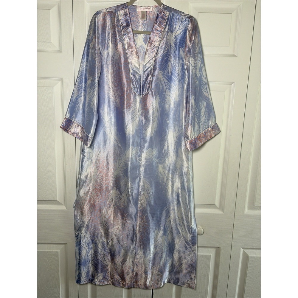 Oscar de la Renta Pink Label Caftan Womens Size S Blue Pink Feather Satin Robe
